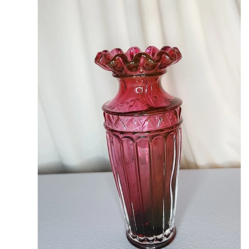 Vintage Cranberry Glass Vase Ruffled Rim Ribbed Pink Ruby